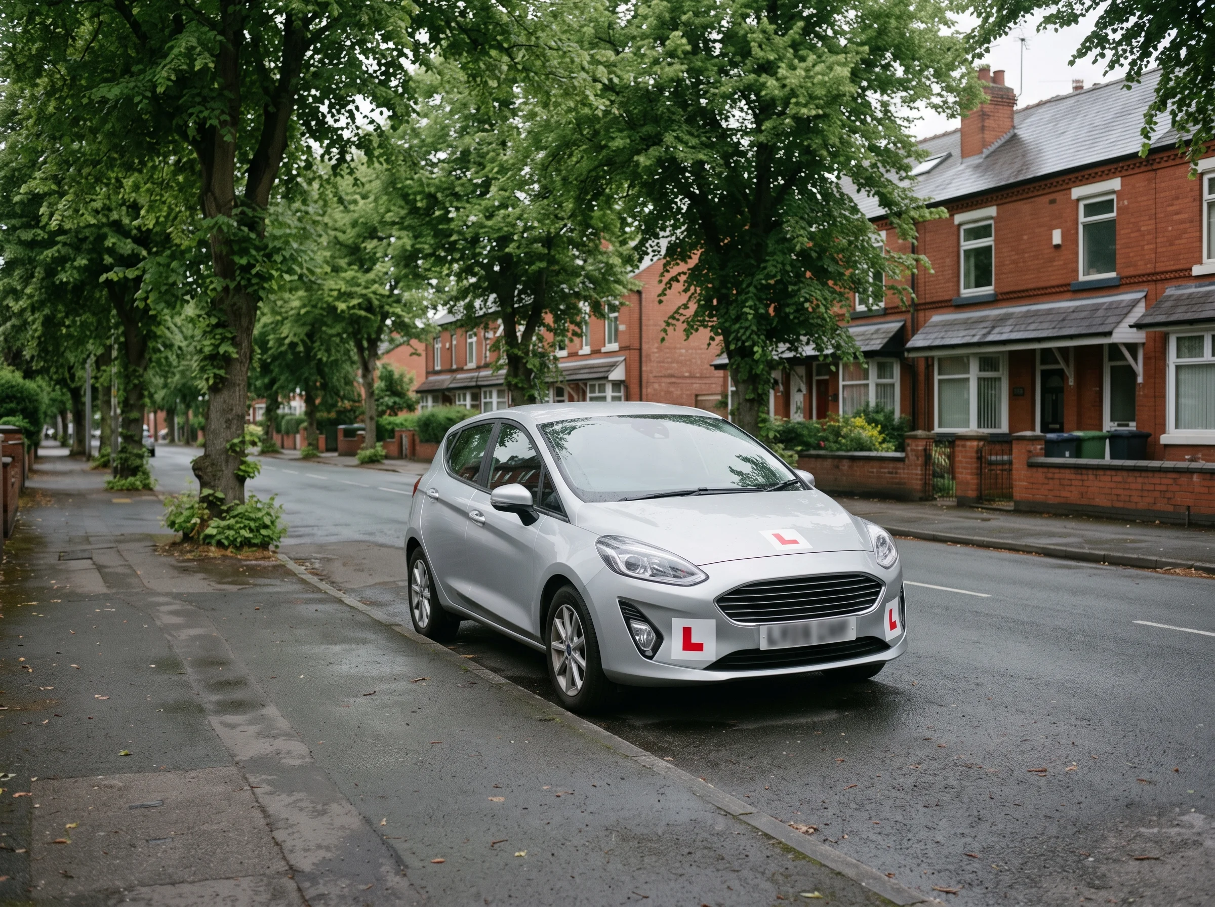 A learner car with L-plates parked outside red-brick houses on a quiet, tree-lined Birmingham street under a grey sky