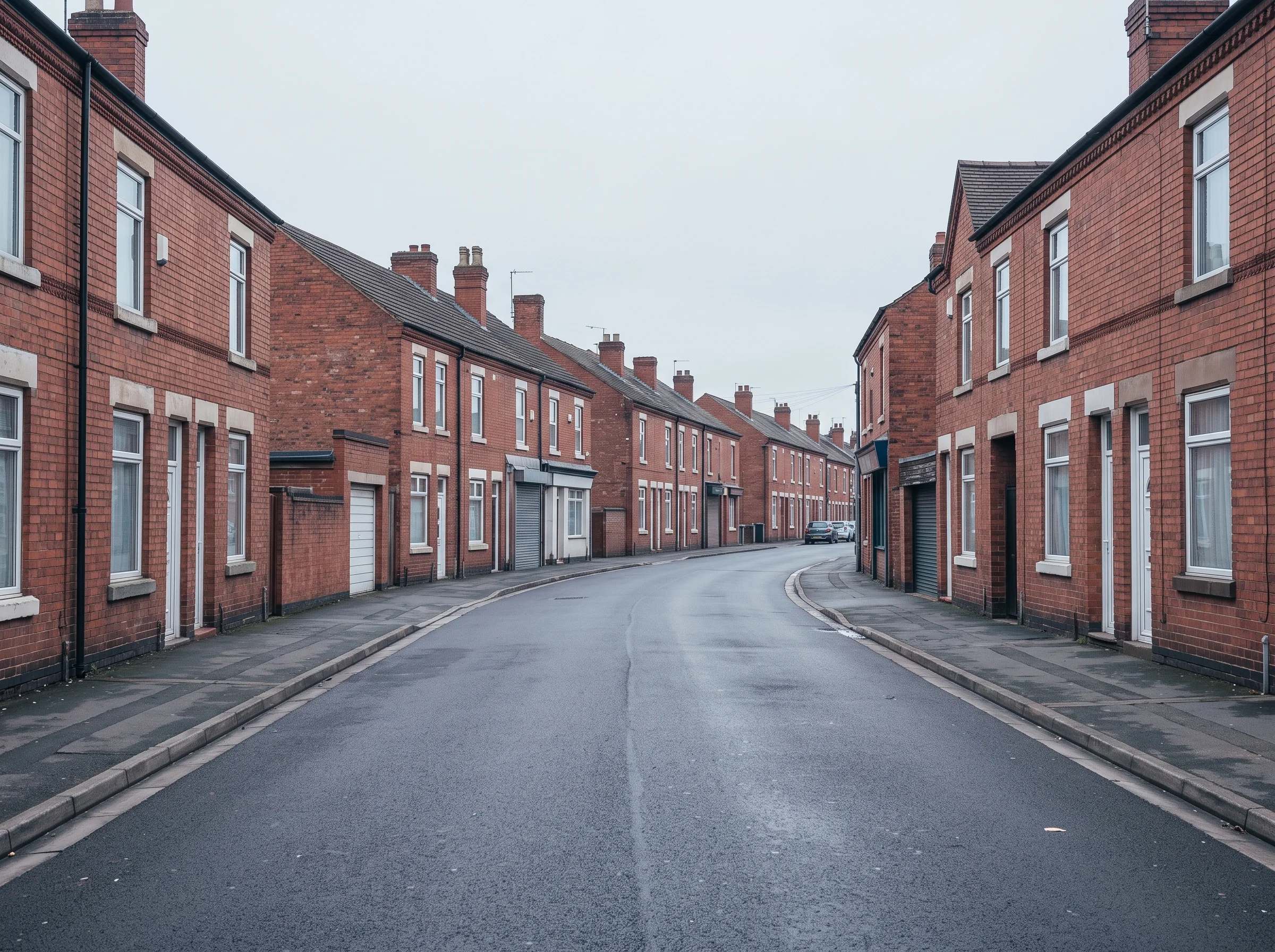 A quiet red-brick street near Birmingham city centre on a grey morning, with damp tarmac and a pedestrian crossing in the foreground