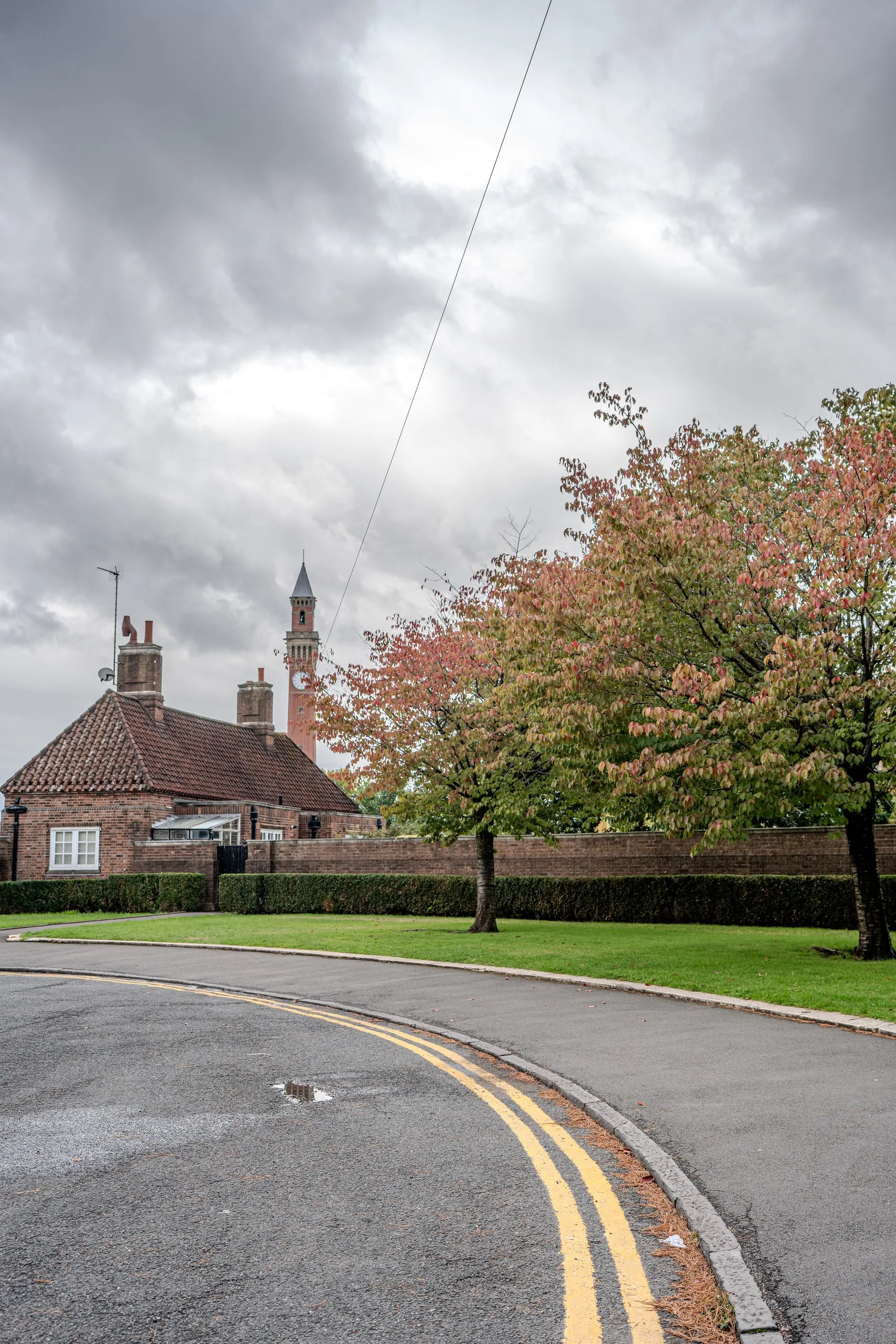 The University of Birmingham's clock tower beyond autumn trees in Selly Oak