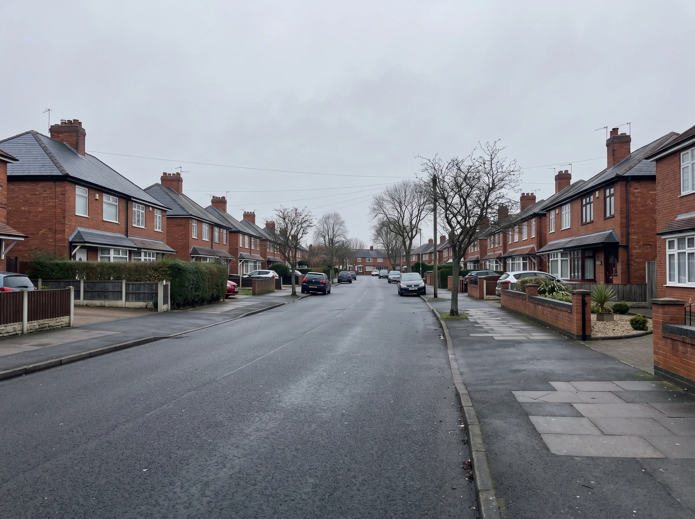 A quiet residential street of red-brick houses in Birmingham on an overcast day, with a few cars parked along the kerb